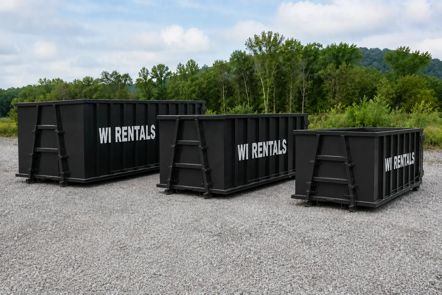 Three black WI RENTALS roll-off dumpsters ready for Arkansas projects